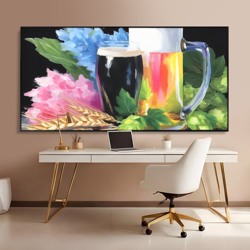 Tablou canvas cu tablou canvas cu bere si flori, in rama de aluminiu negru, pe perete intr-un birou